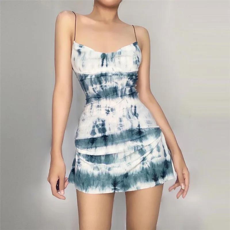

Summer new style women's contrast color slim high waist fashion pleated print sexy sling dress women