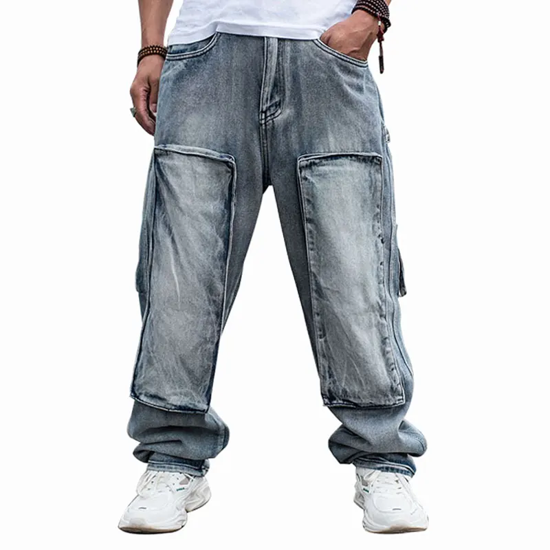 

Large Size Loose Jeans Men Denim Pants Multi Pocket Straight Baggy Casual Streetwear Hip Hop Skateboard Blue Wide Leg Trousers