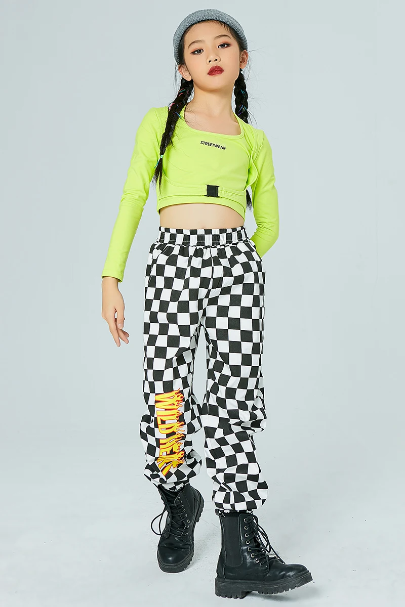 

2021 Jazz Dance Costumes For Kids Fashion Hiphop Top Lattice Pants Ballroom Hip Hop Dancing Clothes Girls Stage Outfits DQS6413