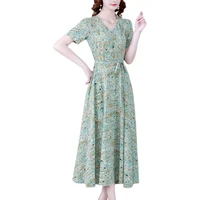 new summer women v neck short sleeve drawstring slim big hem long dress elegant vintage floral chiffon dress