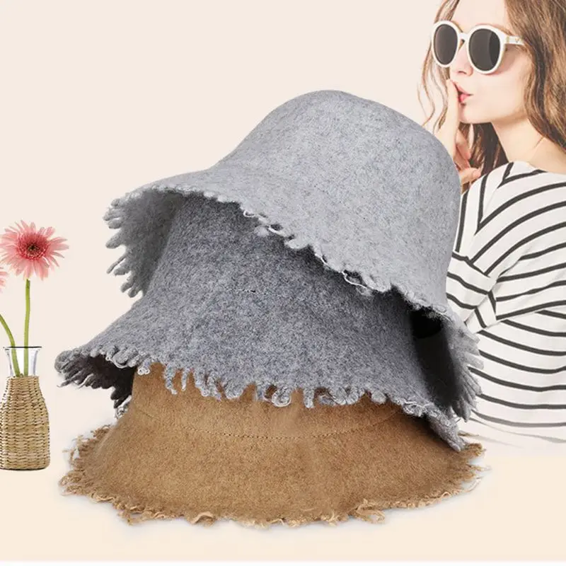 Women Girl Faux Wool Warm Church Floppy Cloche Hat Tassels Wide Brim Bucket Cap