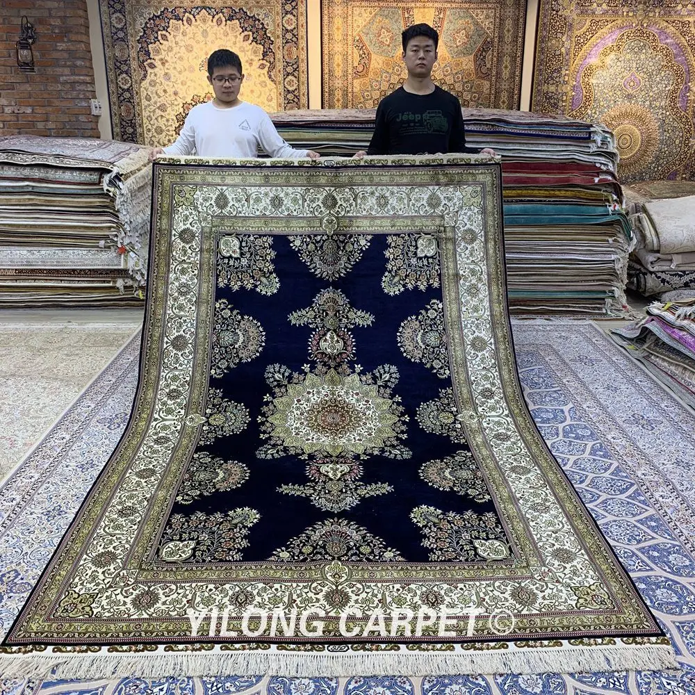 Yilong 6 56 'x 9 84' Восточный ковер ручной работы Синий турецкий Шелковый двойной