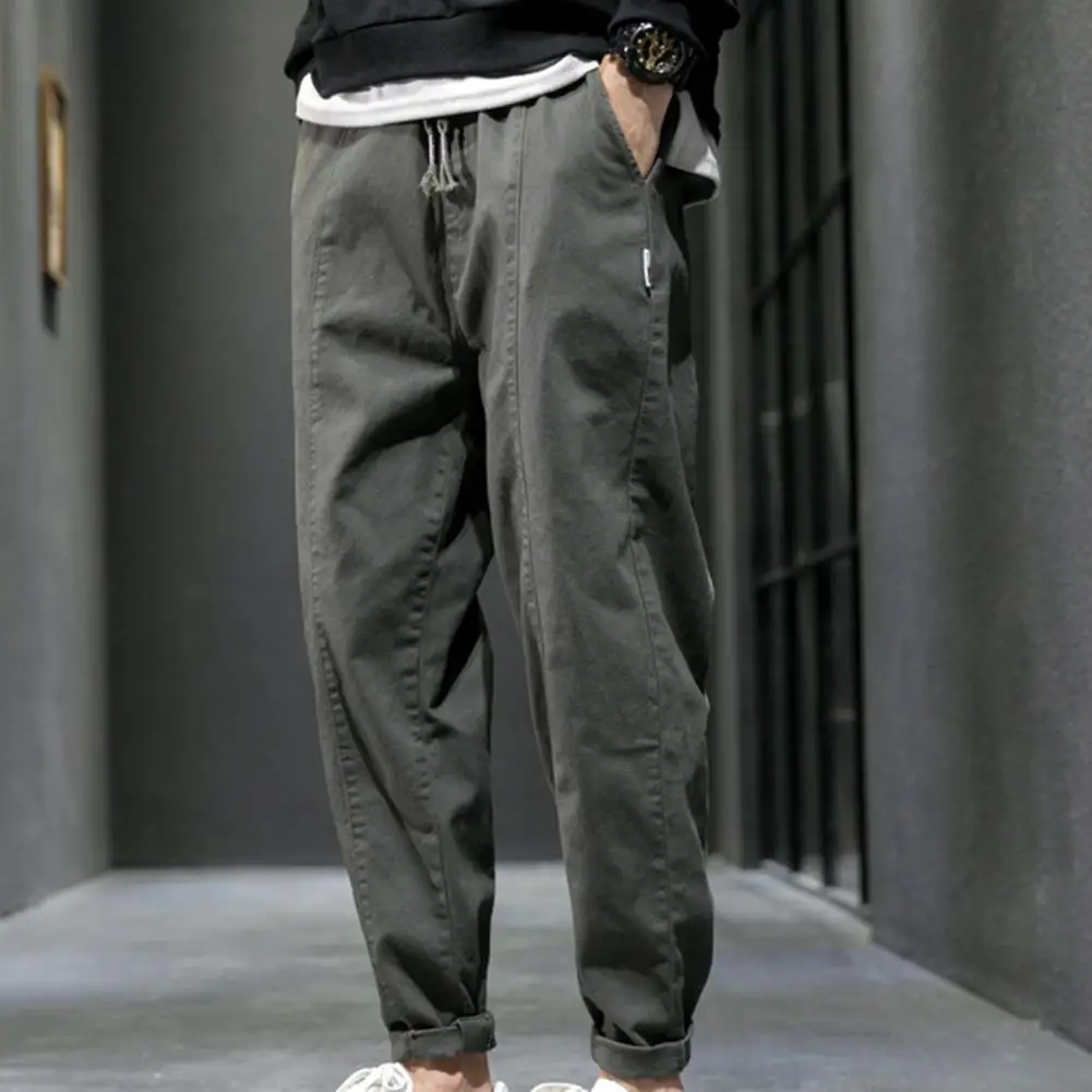 

Men Casual Cargo Pants Mid Rise Multi Pocket Drawstring Men Full Length Loose Trousers for Daily Wear Solid Color Pants 2021