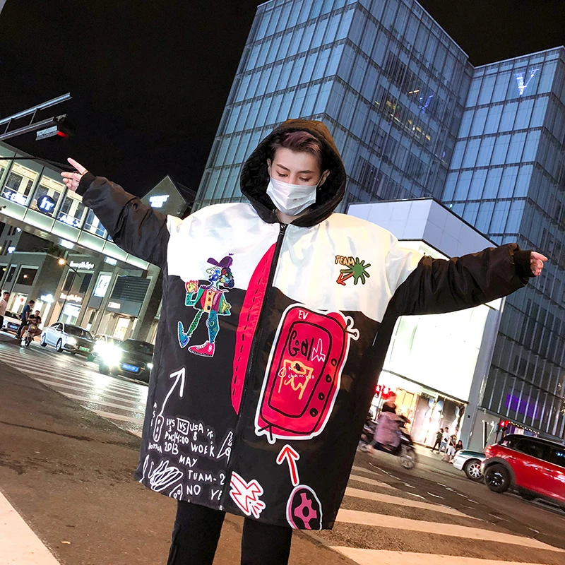 Куртка-пуховик с принтом граффити для мужчин одежда в стиле хип-хоп 2020 зимняя