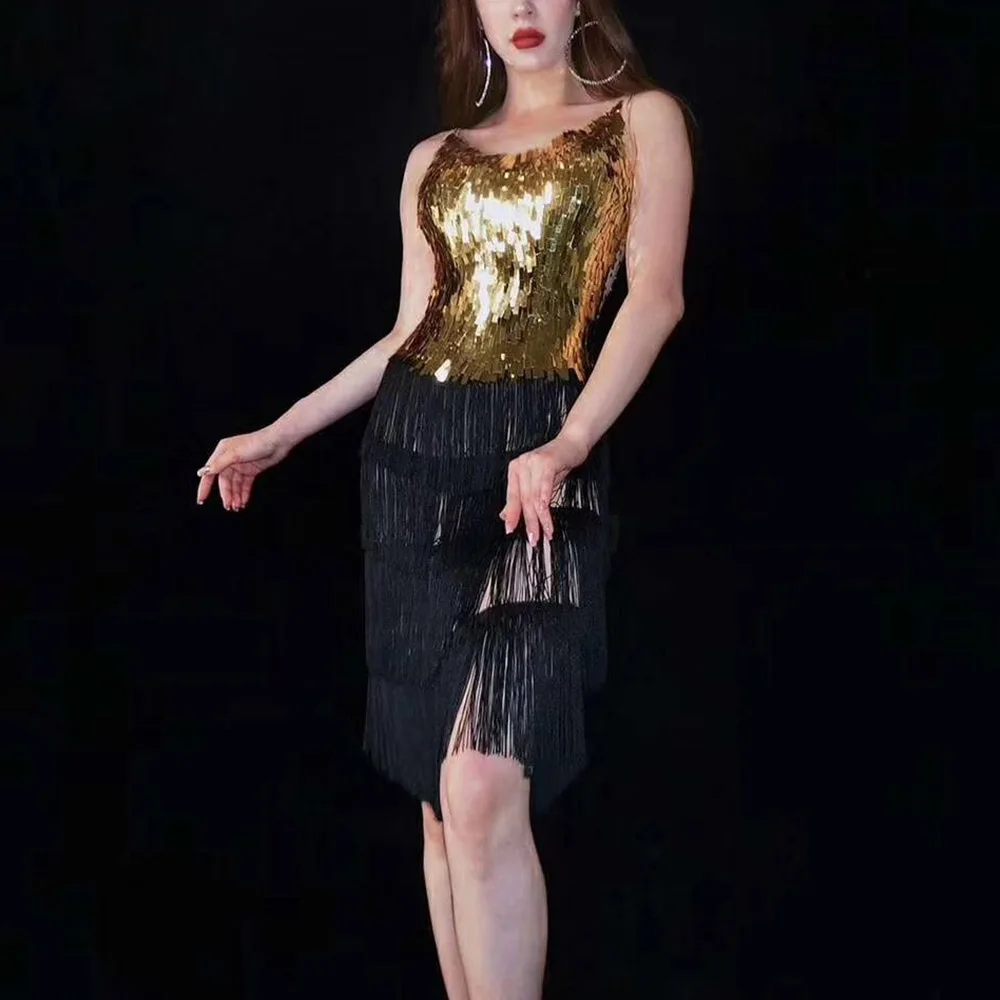 

Stage Costumes Gold Sequined Tassel Latin Dance Dresses Tango Latin Dance Costumes Women Salsa Dancewear Dance Costume Dresses