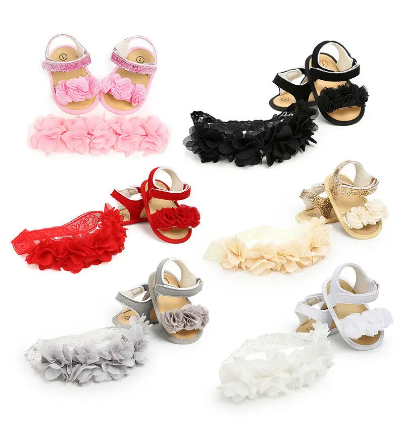 

Newborn Kids Baby Girl Flower Sandals Casual Crib Shoes Leather + Headband Hair Bands Sheer White Pink Red