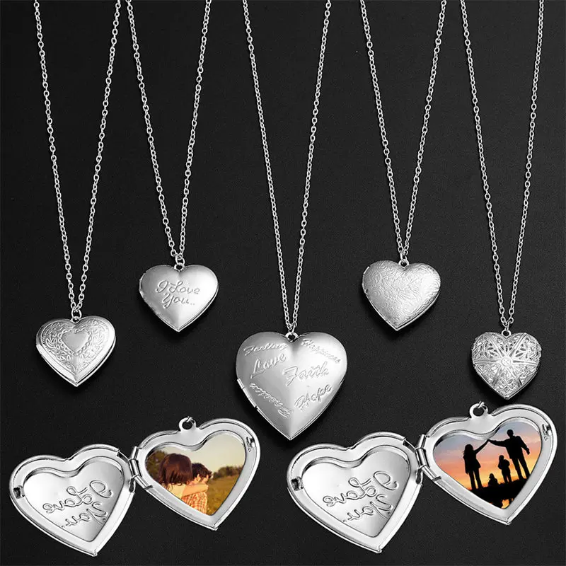 

Silver Color Heart Frame Locket Necklace For Women Pendant Choker DIY Family Photos Gifts Couple Jewelry Clavicle Chain Collar