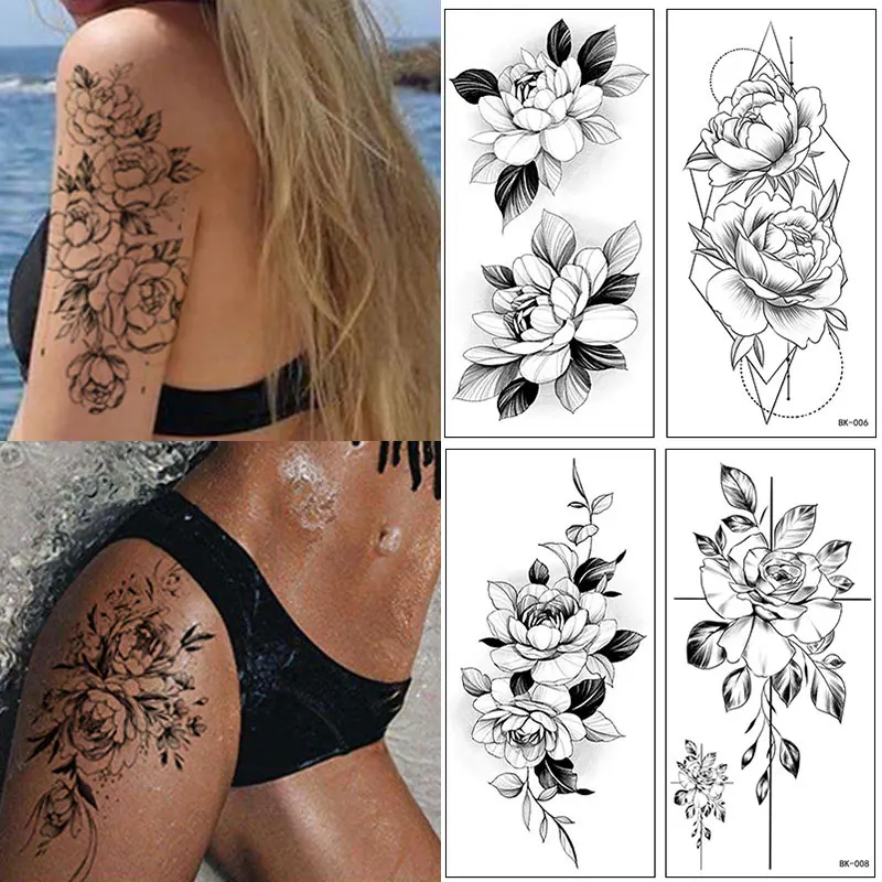 

Black Large Flower Temporary Tattoo For Women Fake Tattoo Sticker Rose Peony Temporary Tattoos DIY Waterproof Tattoo Stickers