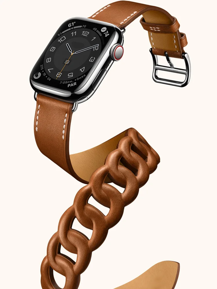 Ремешок Gourmette из натуральной кожи для Apple Watch band 40 мм 41 38 44 45 42 | Наручные часы