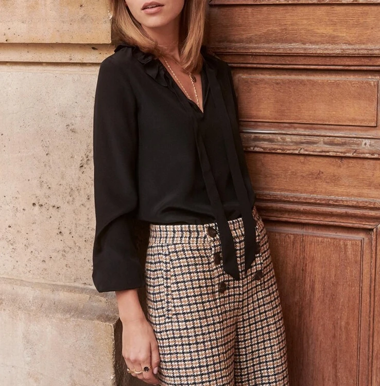 

2019 Early Spring Style Ruffled Neck100% Silk Shirt Bow Tie Small Women Long Sleeve Shirts Women Blouse