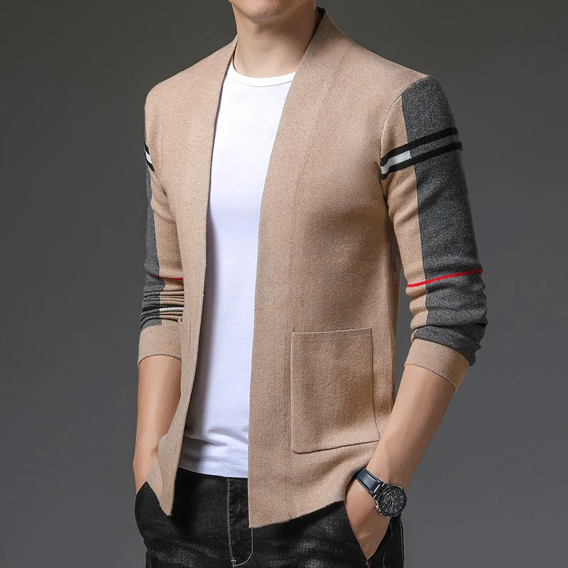 

2022 New Men's Knitted Cardigan Outer Wear Slim Fit Plaid Colorblock Sweater