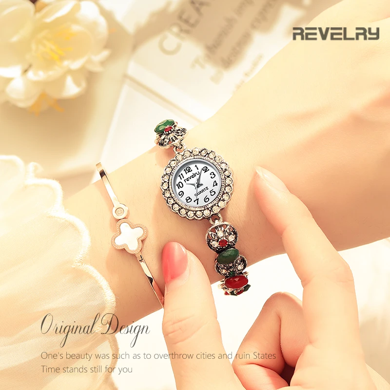 

REVELRY 2019 New Watches Women Colored Rhinestones Quartz Watch Luxury Bracelet Women Dress Lady Gift Gemstone Wristwatch Women
