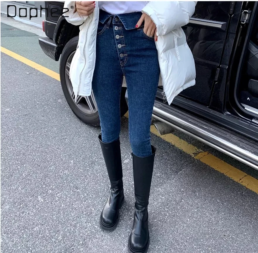 

2021 Spring New Korean Style Retro High Waist Diagonal Buckle Slimming Stretch Black Jeans for Women Skinny Pants Boot Pants