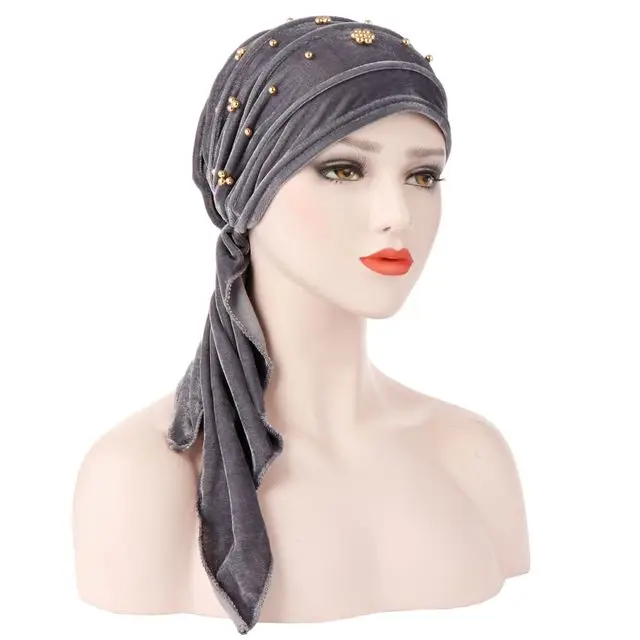 Для женщин мода мусульманский бархат Плиссированное Кепка chemo длинный хвост