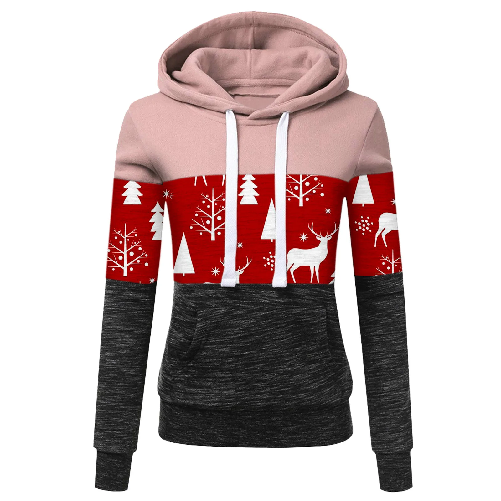 

Christmas Multicolor Printing Long Sleeve Hooded Drawstring Velvet Padded Thickened Sweater Women