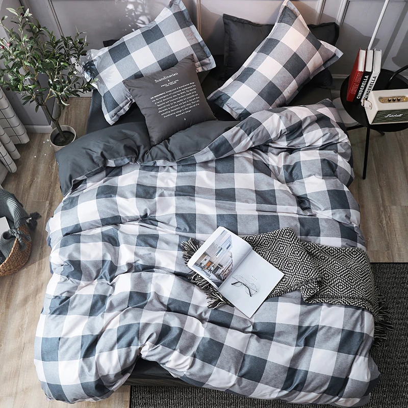 Prezzo Set Di Biancheria Da Letto Modello Plaid Bianco Nero Di Alta Qualità Set Di Biancheria Da Letto Copripiumino Lenzuolo Federe Set Di Copertura Trasporto Di Goccia