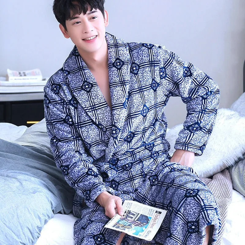 

Nightgown Casual Loose Kimono Bathrobe Chinese Men Casual Flannel Dragon Crane Robe Plus Size 3XL Winter Thick Warm Sleepwear