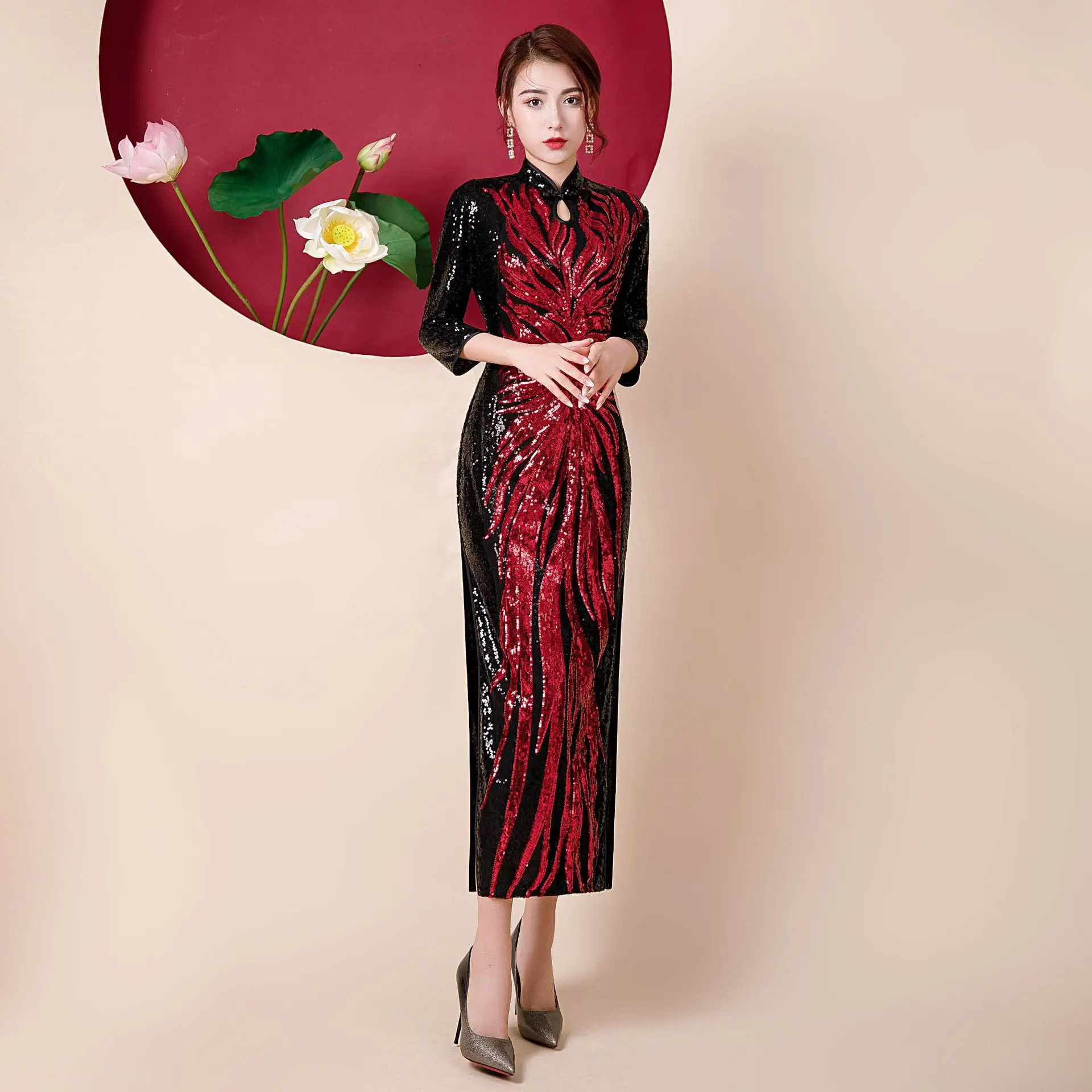 FZSLCYIYI Sexy High Quality Cheongsam Women Sequins Velour Qipao Elegant Slim Chinese Vintage Long Formal Daily Dress