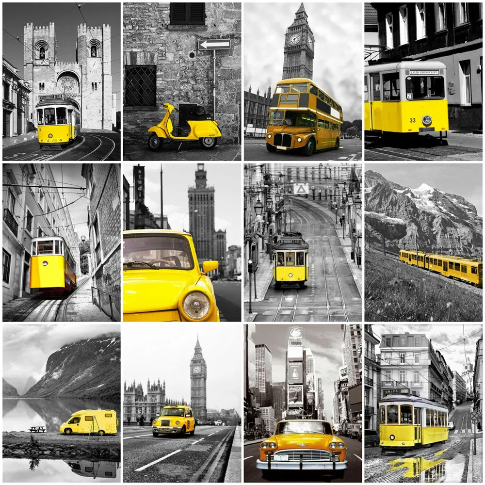 

Алмазная живопись HUACAN, вышивка крестиком в виде городского пейзажа, Настенная картина, мозаика из страз, вышивка автомобилем, черные желтые наклейки на стену