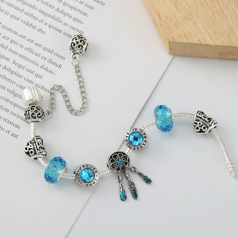 

Summer Style Simple Feather Charm Beads Fits Silver Plated Snake Chain Charm Bracelet DIY Romantic Jewelry Gift For Women