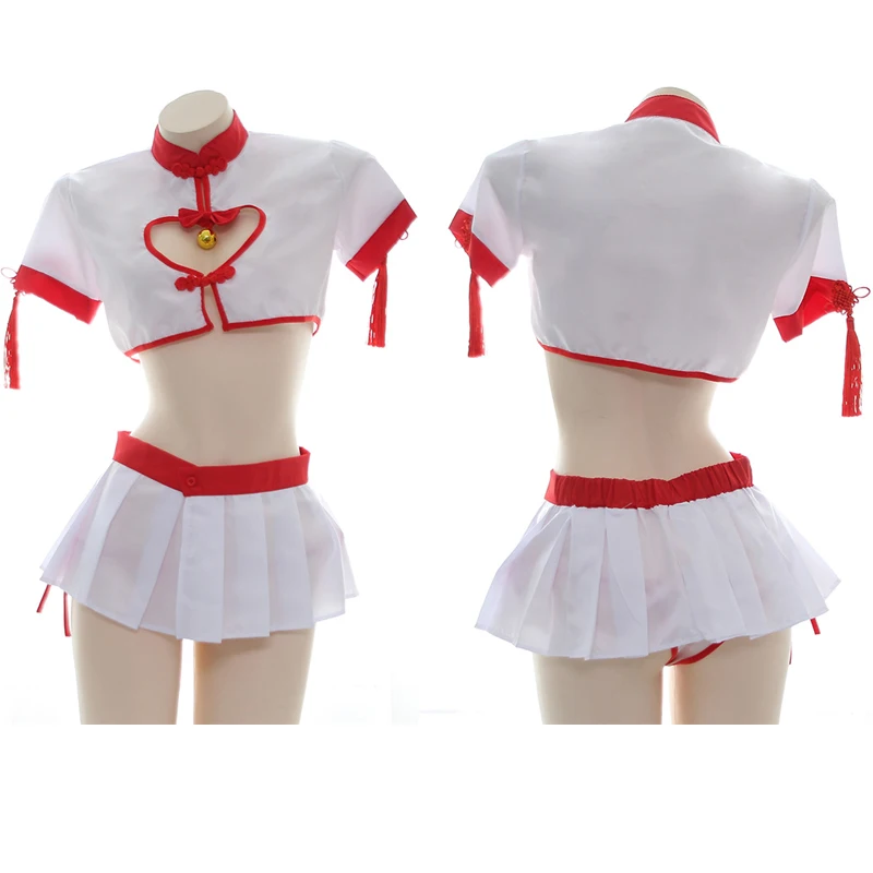 

Chinese Maid Stand Collar Short Sleeves Cropped Tops Lolita Bells Heart Hollow Out Tank Anime Girls Cosplay Underwear Homewear