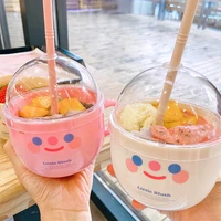creative plastic bowl water bottle with straw ins cute smile face water cup with lid fruit salad breakfast milk mugs coffee cups