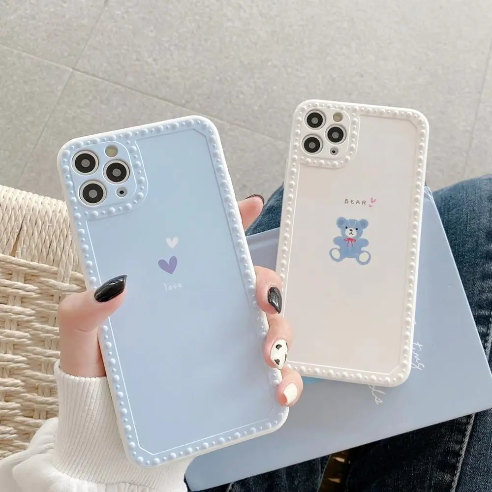 

INS cute Cartoon Bear white Phone Case For iPhone 12pro 11Pro XR X XS MAX SE 2020 7 8 Plus love heart Soft Cover Slim Fundas off