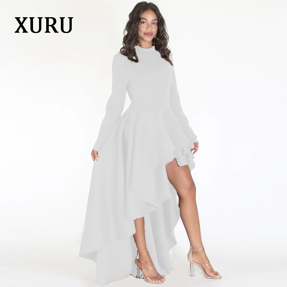 Платье женское асимметричное с длинным рукавом круглым вырезом и каскадными