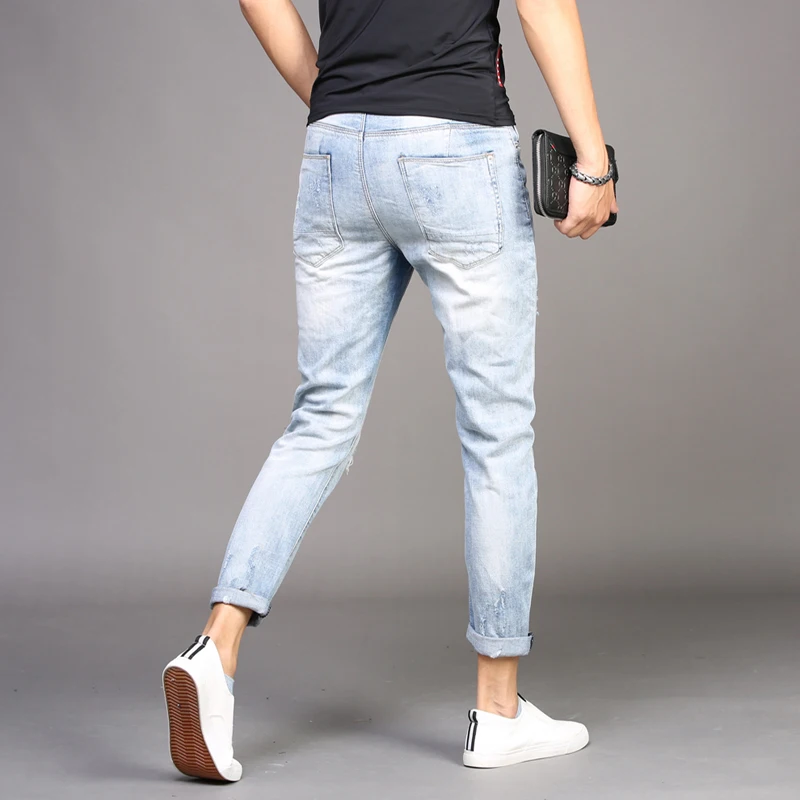 Summer Stretch Ripped Jeans Men Light Blue Slim Fit Ankle-Length Pants Fashion Streetwear Thin Denim Trousers