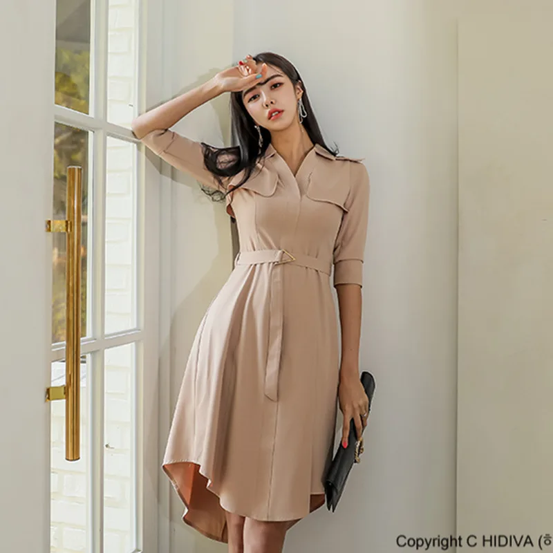 

Элегантное офисное летнее платье-рубашка в Корейском стиле 2020