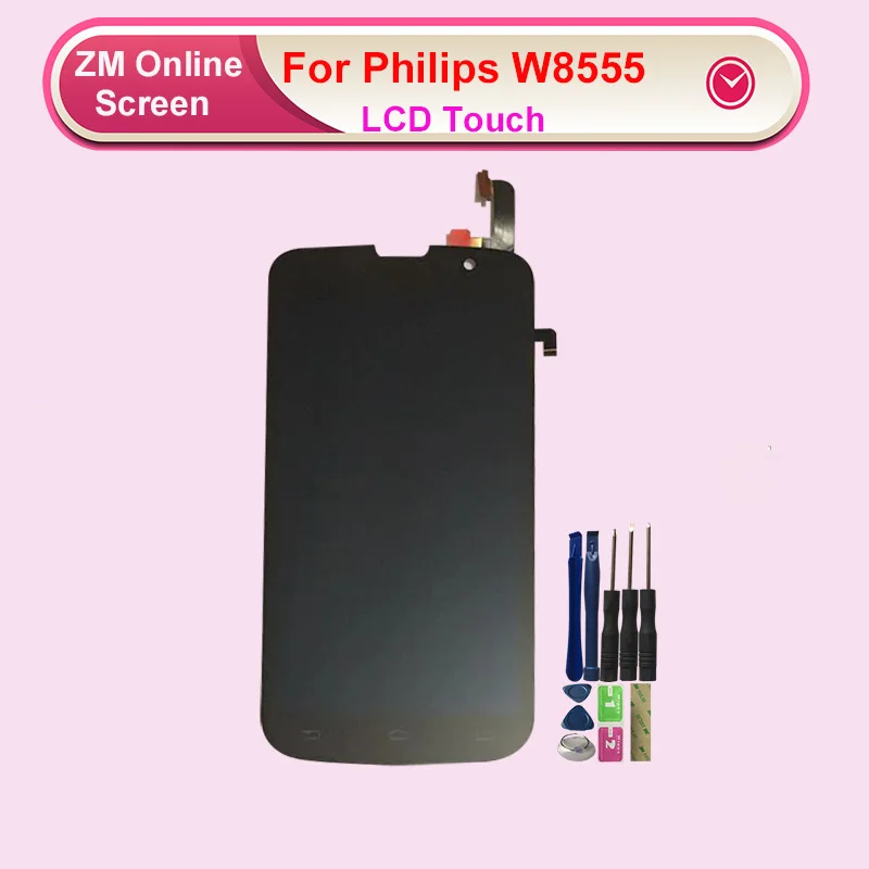 Для Philips W8555 ЖК-дисплей Дисплей с кодирующий преобразователь сенсорного экрана в сборе Сменные с сенсорным экраном инструменты+ 3M Стикеры