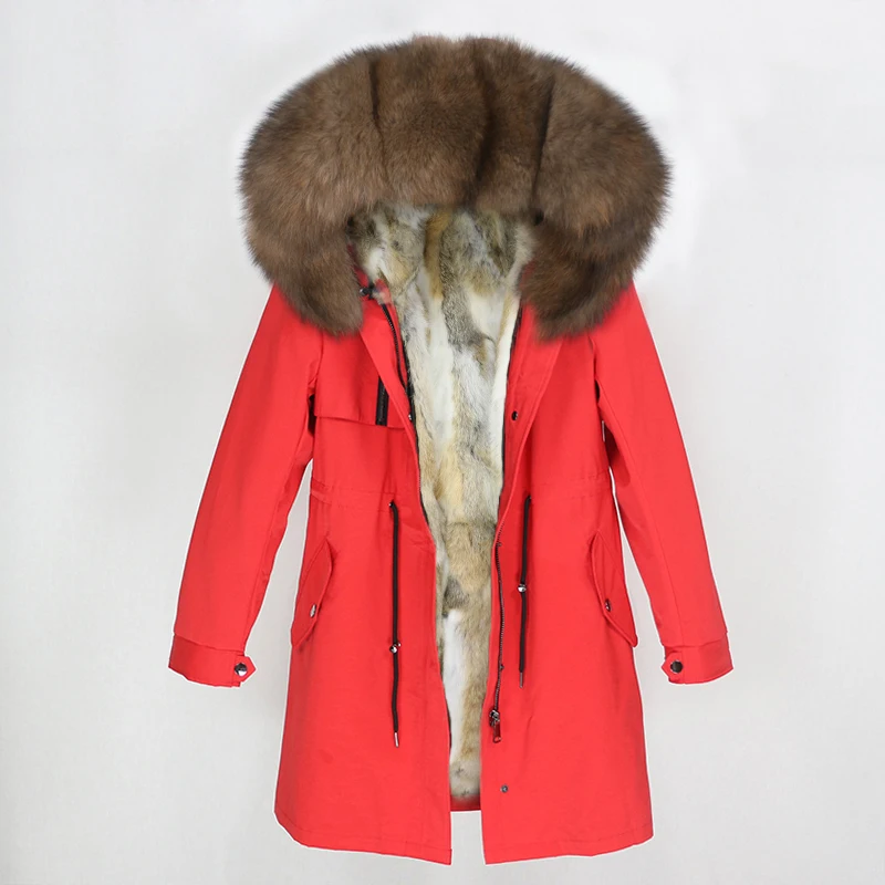 red brown OFTBUY натуральный Лисий мех воротник парка с капюшоном зимняя куртка женская натуральный кроличий мех внутри Толстая теплая верхняя одежда Уличная Роскошная - Цвет: red brown