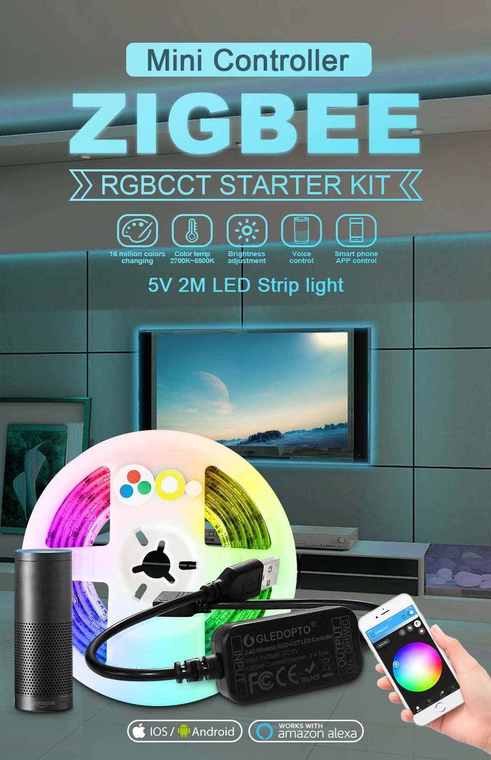 ZIGBEE led rgbcct мини-контроллер управления смарт-ТВ полосы света 5 в USB контроллер Alexa Echo плюс Голосовое управление приложение управление smartthings