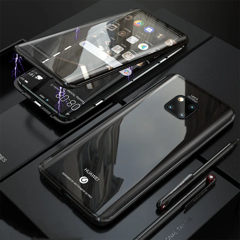 Black Переднее и заднее закаленное стекло металлический магнитный чехол для huawei mate 20Pro P 30Pro изогнутое стекло 360 ° защитный чехол - Цвет: Black