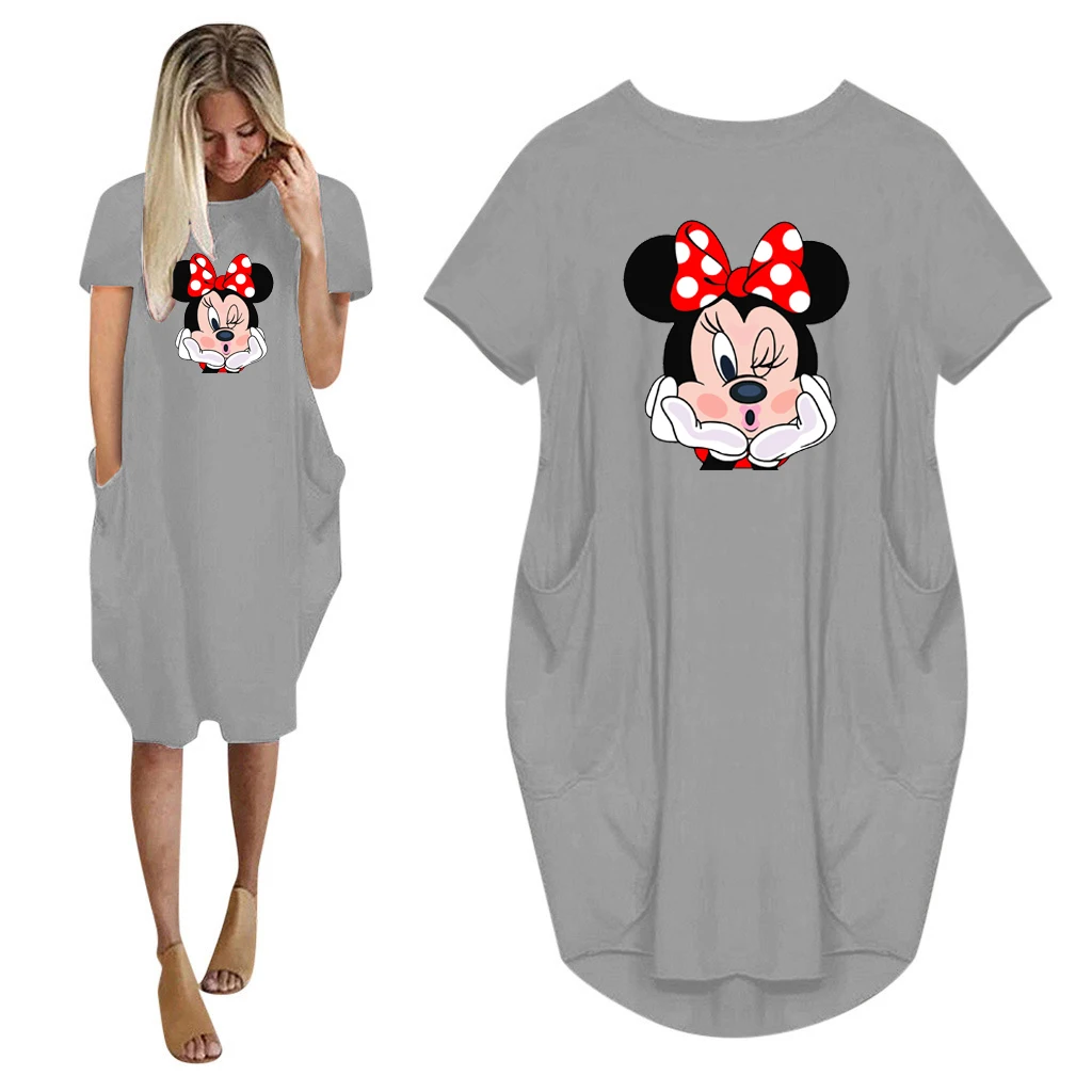 

Midi Dresses Summer Disney Minnie Mouse Woman Dress Short Sleeve Casual Kawaii Pocket O Neck Loose Harajuku Clothes Robe Femme