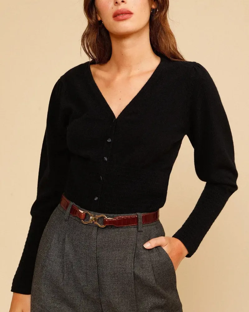 

Women Wool Blend Cardigan V-Neck Single-Breasted Black or Rose Red Simple Pit Striped 2021 New Autumn Winter Ladies Slim Sweater
