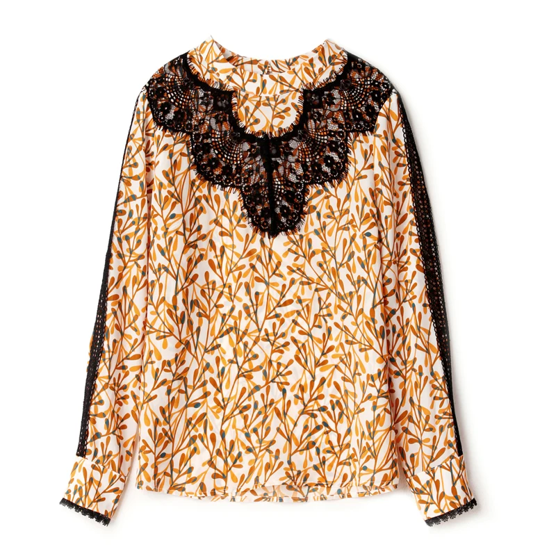 

100% Silk Women's Blouse O Neck Long Sleeves Printed Hollow Out Lace Patchwork Fashion Casual Shirt Tops