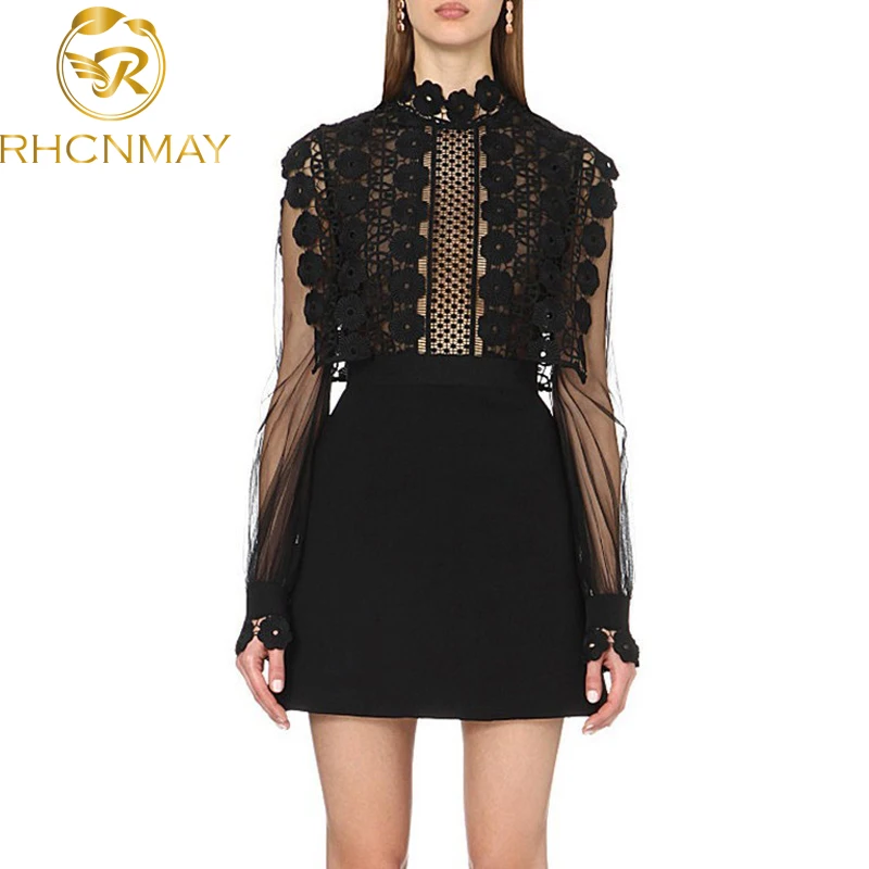 Женское кружевное платье Автопортрет модельное черное ажурное мини составного