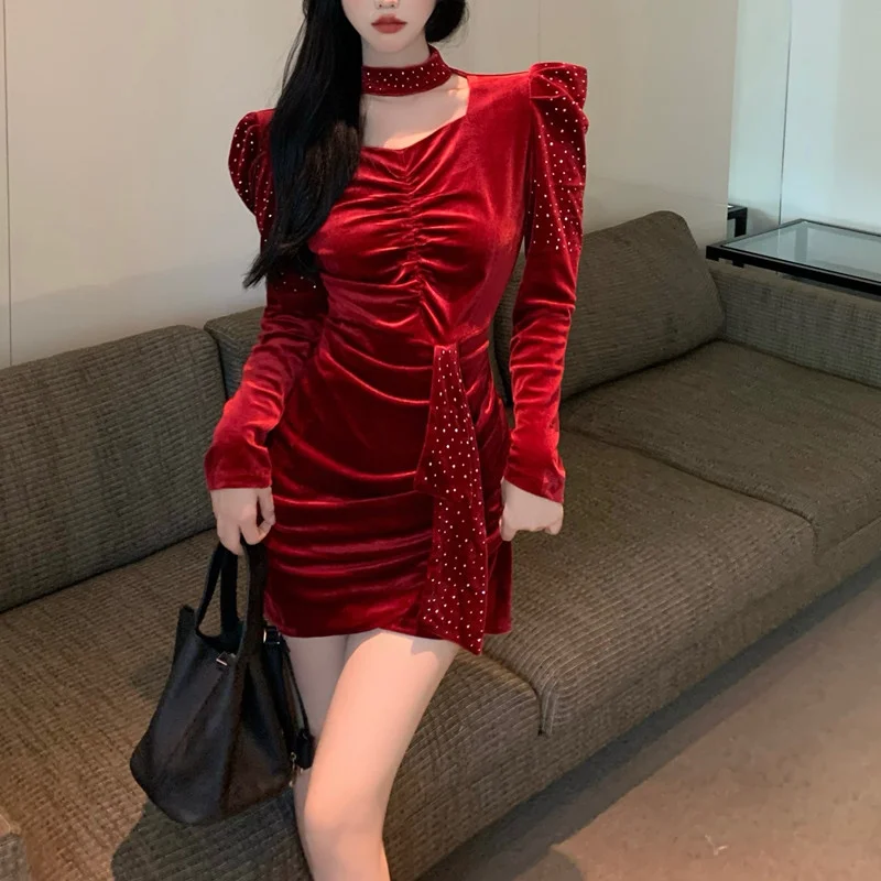 

Autumn Women's Dresses Vintage England Style Folds Diamonds Square Collar Temperament Slim Mini Bodycon Dress Vestido De Mujer