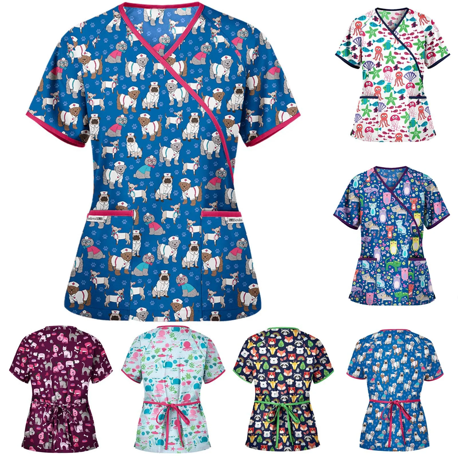 

New Scrub Uniforms Round V Neck Scrubs Tops For Women Medical Uniform nursing scrubs Cartoon Tshirt Short Sleeve Working Uniform