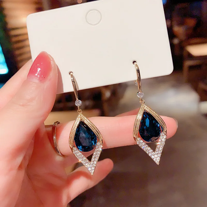 

2021 New Luxury Fashion Jewelry Boho Style Blue Crystal Drop Earrings for Women's Gold Color Color Bridal Earrings Jewelry Gift