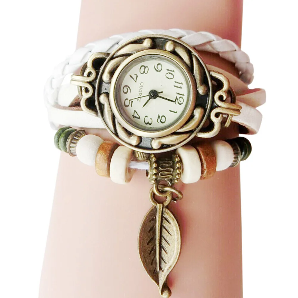 

String Beads Decoration Women Quartz Wristwatches Retro Leather Winding Bracelet Leaf Pendant Watch Watches For Women New