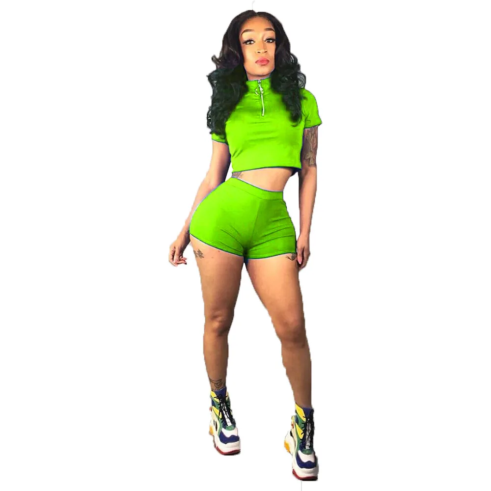 

Two Piece Set Fluorescent Greencute Outfit Top Shorts Suit Sexy Turtleneck Long Sleeve Bodycon Sport Suit Casual Femme Tracksuit