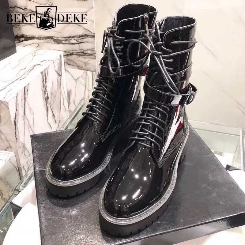 Женские ботильоны в стиле милитари из натуральной кожи на шнуровке с высоким