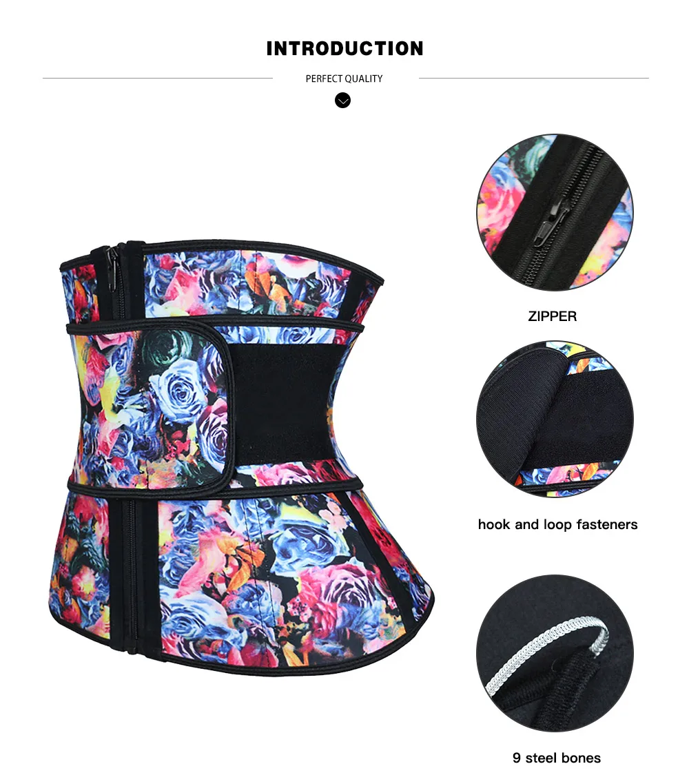 

High Compression Waist Trainer Cincher Zipper Rose Printing Tummy Lose Weight Latex Body Shapers Corsets