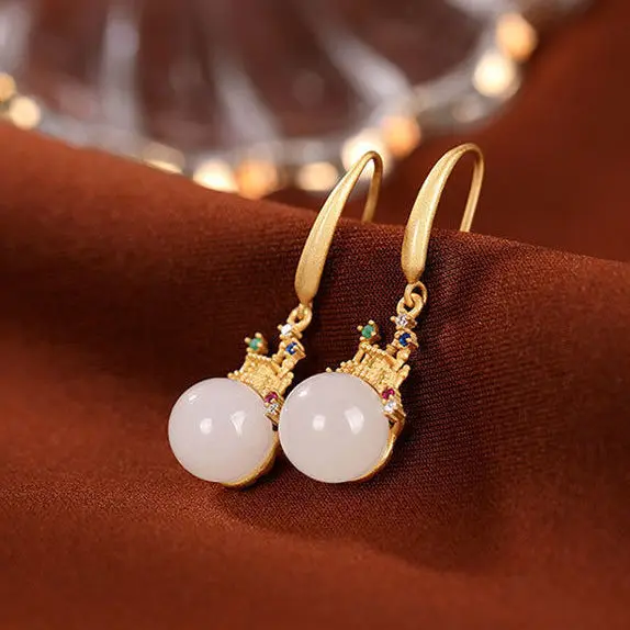 

Sterling Silver S925 Inlaid Natural Hetian Jade Ball Bead Earrings Women's White Jade Castle Eardrop Earring Elegant Women