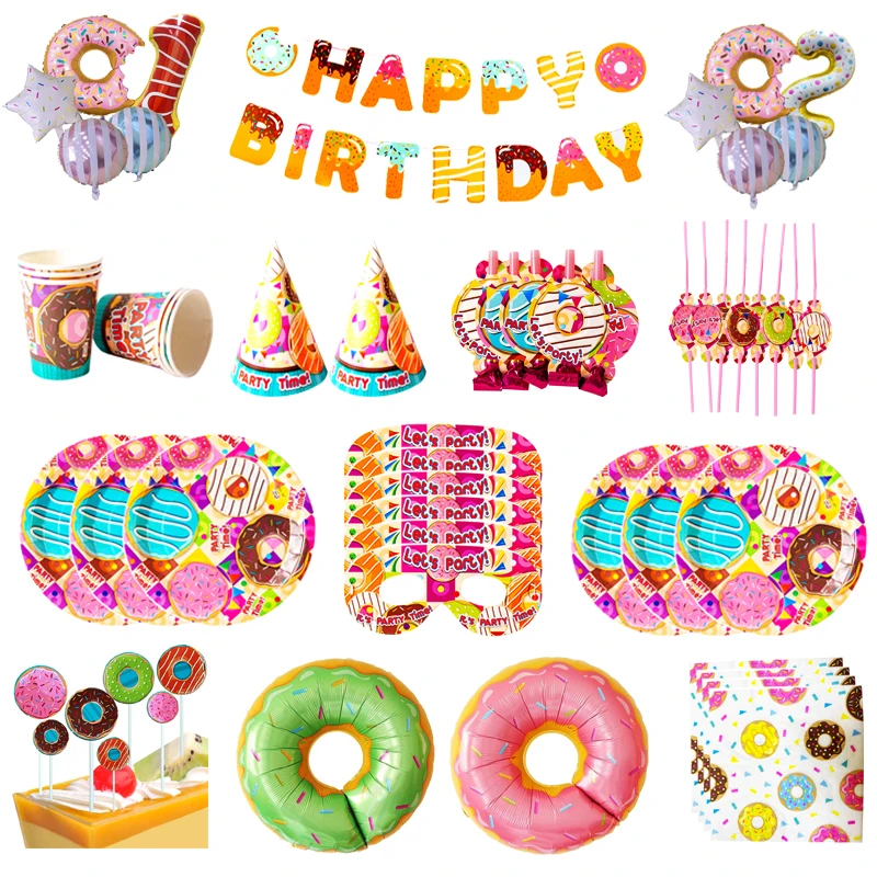 

Donut Party Supplies Disposable Tableware Paper Plates Napkins Straws Baby Shower Birthday Party Decorations Gifts Box Carnival