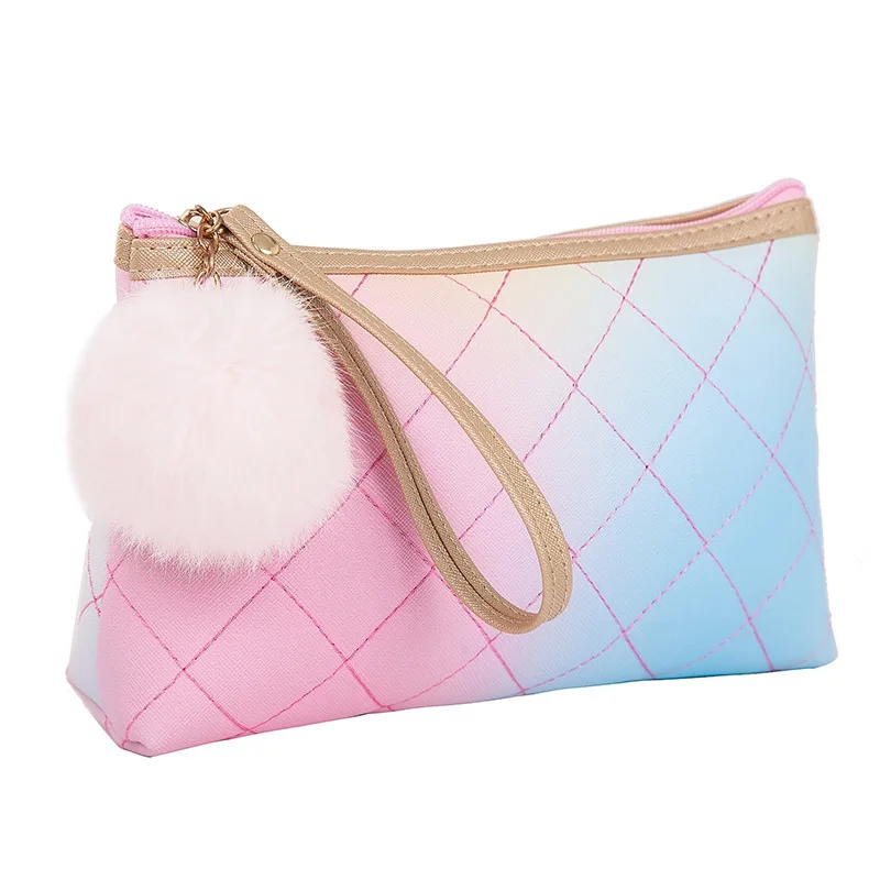 

Women Makeup Bag Cute Cosmetic Bags Rhombic Pattern Fuzzy Ball Case Multifunctional Makeup Necessaries Toiletry Kit Pouch Sac