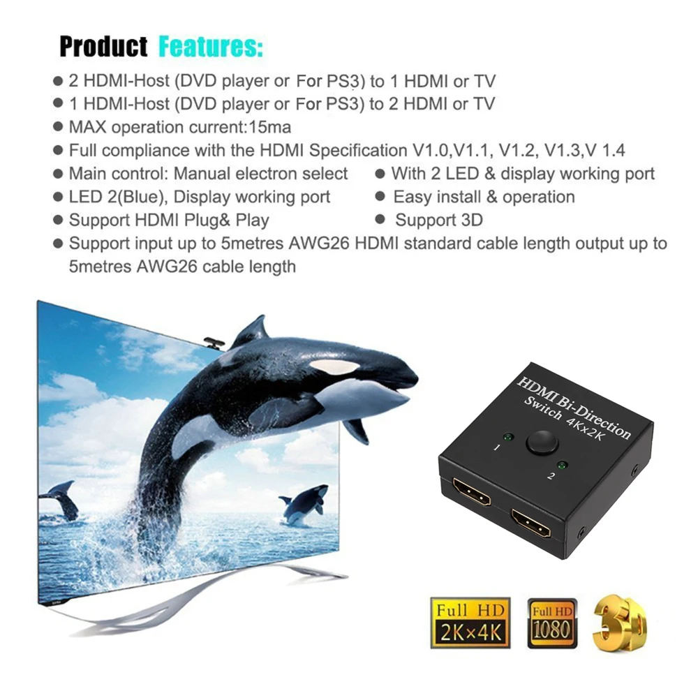 Коммутатор HDMI 1x2/2x1 2 порта двунаправленный 4K коммутатор порты Sup Ultra HD 1080P 3D HDR HDCP