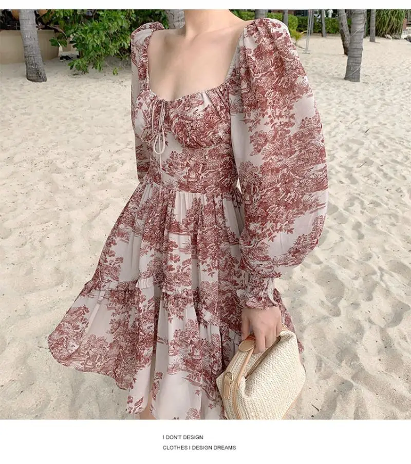

Fashion French Slim Loose Sweet Dress Spring Print Waist Waist Thin Retro Long Sleeve Square Neck Drawstring Temperament Skirt